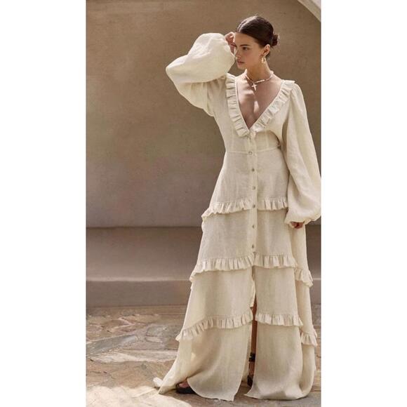 Commense Boho Cream Maxi Dress with Ruffle Details - Size Small - Picture 2 of 6